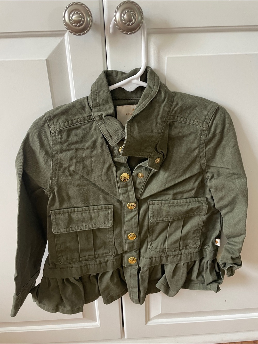 kate spade girls olive green ruffle-hem military jacket with gold buttons